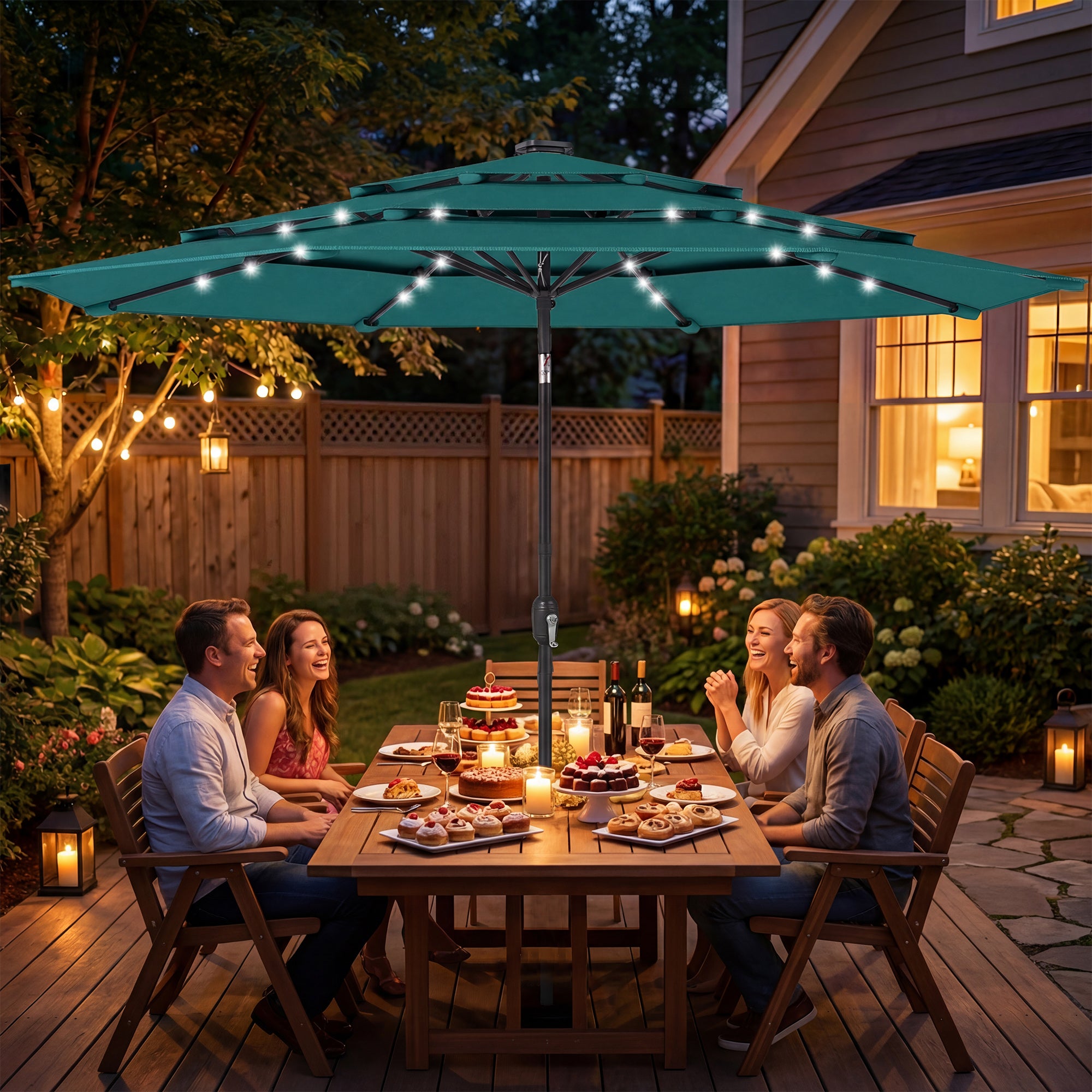 9.7 ft Outdoor Patio Umbrella with Solar LED Lights, 3 Tier Outdoor Ta